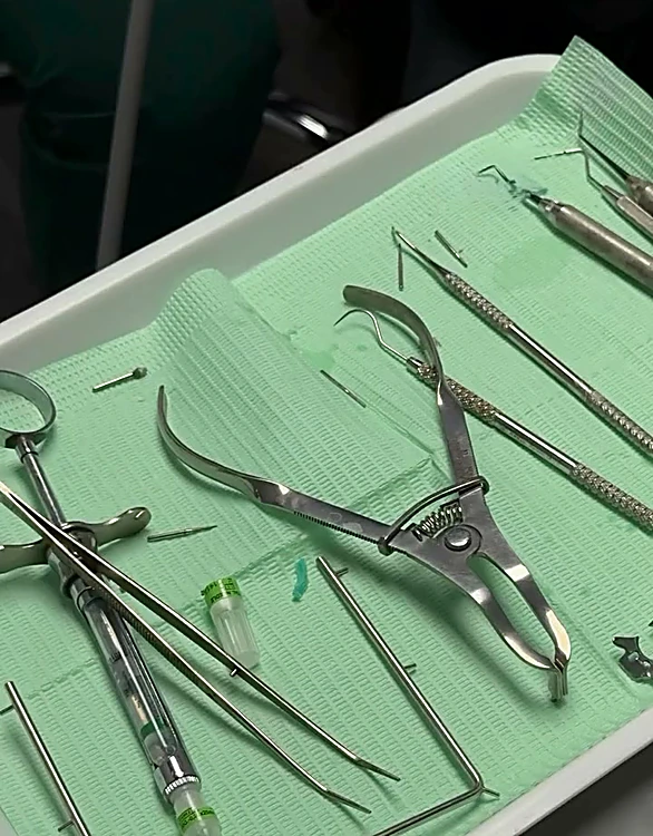 Instrumental dental ordenado en su charola sobre papel verde
